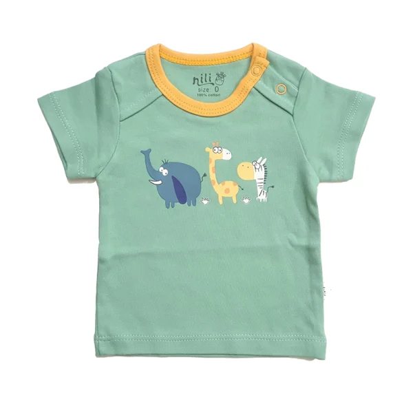 بلوز آستین‌کوتاه نوزادی نیلی مدل Zoo – سایز 3 (9–12 ماه)، رنگ سبز و زرد